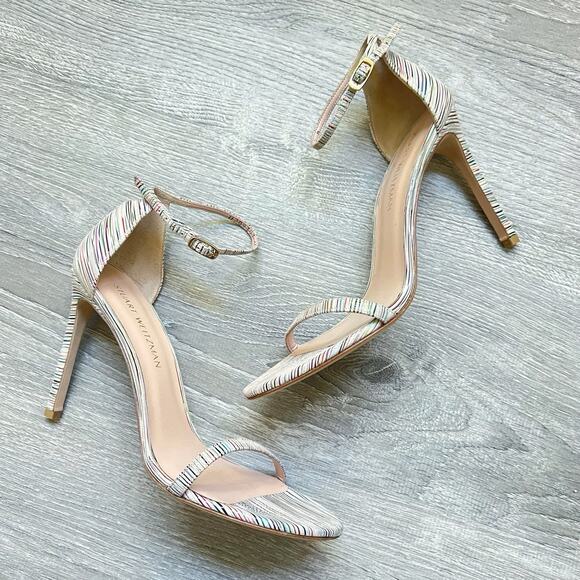 Stuart Weitzman Nudistsong Ankle Strap Striped Leather Heels Sandals Sz 10.5 - Picture 3 of 9